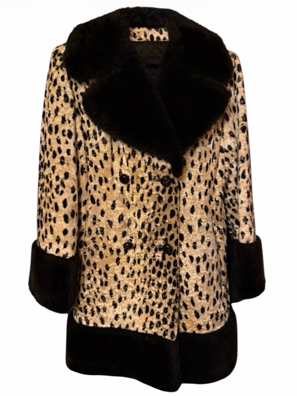 Vintage Leopard-Print Faux Fur Double Breasted Coat with Black Faux Fur Trim